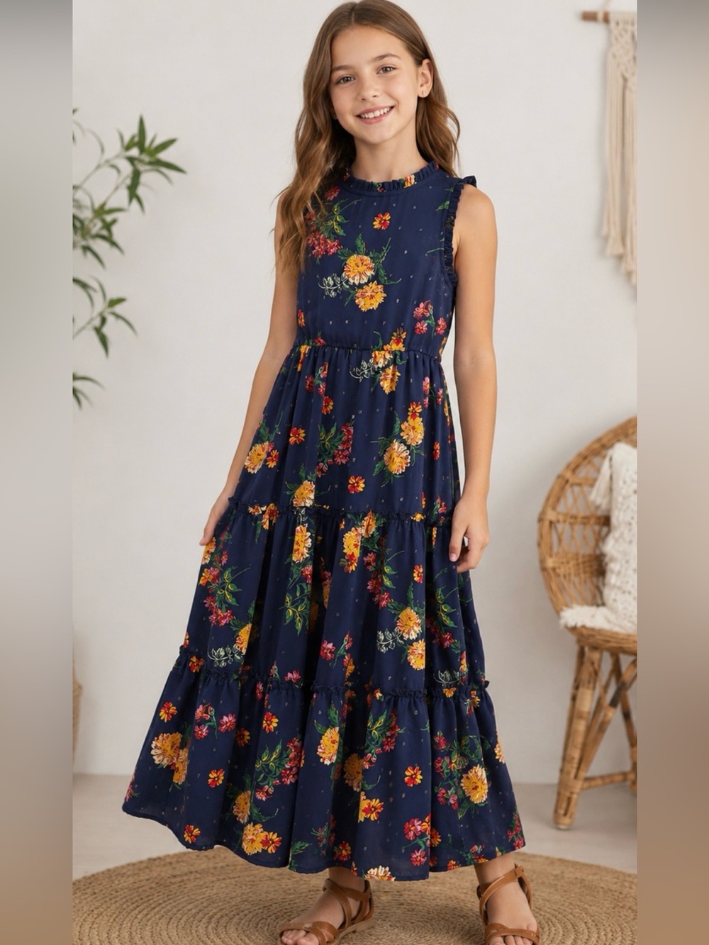 Zunie Girls Navy Floral Tiered Ruffle Trim Boho Maxi Dress Size 10